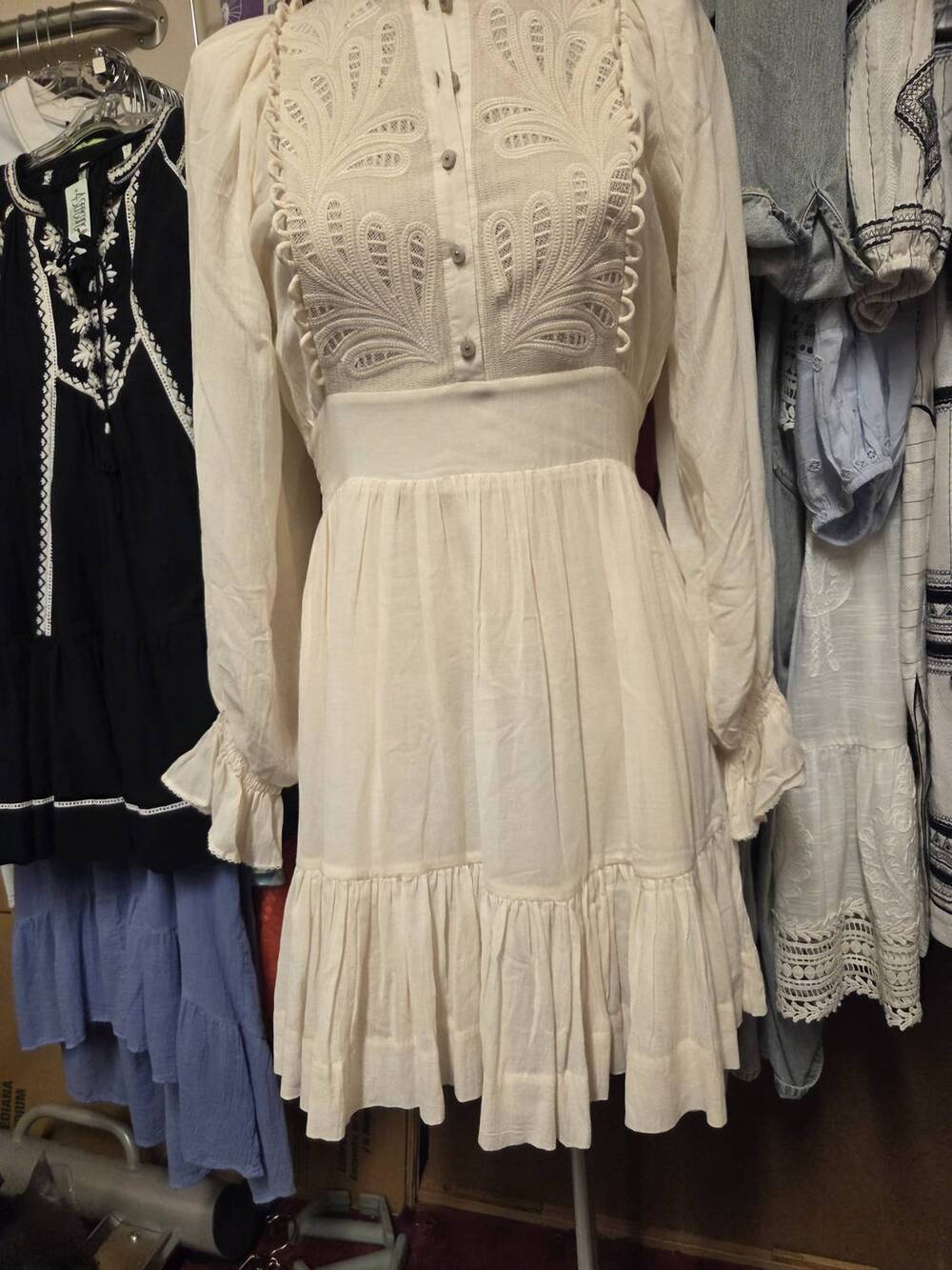 NEW SCARLETT POPPIES women's embroidered vintage look dress in warm white